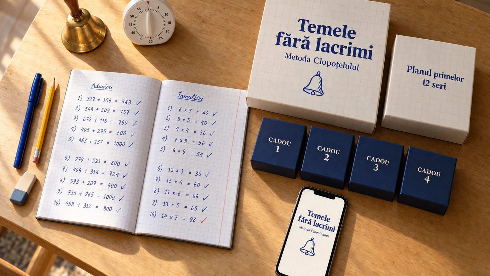 Caiet de matematică cu temele împărțite în blocuri de 10 minute și un clopoțel